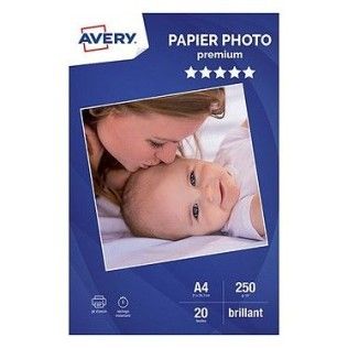 Avery Papier Photo Premium Jet d&#39;encre A4, Blanc, Brillant, 250 g/m² (20 feuilles)